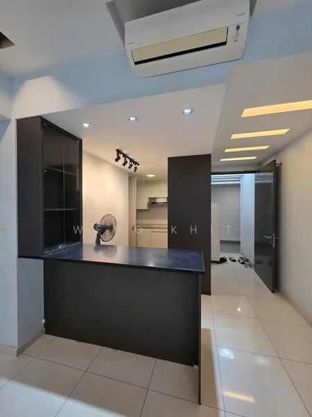 Room features: black countertop, white tiled flooring, recessed ceiling lights, wall-mounted split AC, open shelving, dark cabinetry, light grey walls, fan, doorway leading to another room; style: modern.