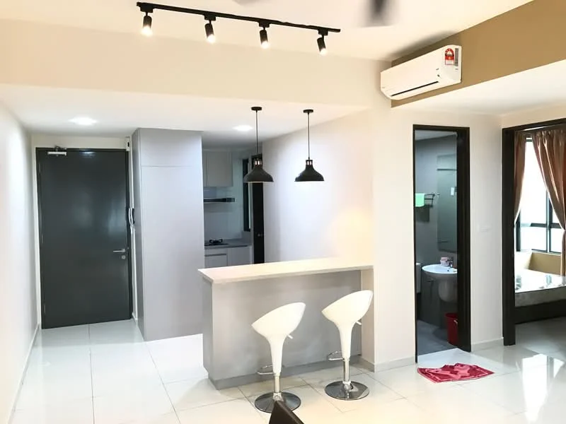 Living features: white painted walls, glossy white tile flooring, recessed downlights, 2 pendant lamps, bar counter with stools, air conditioning unit, open layout, doorway leading to kitchen, doorway leading to bathroom, window with sheer curtains; style: modern.