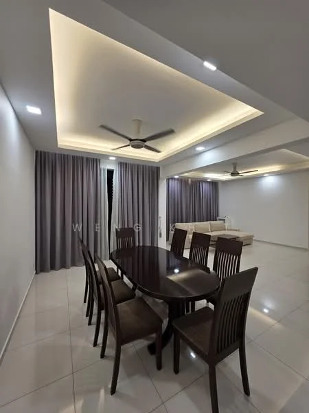 Dining features: rectangular wooden dining table, 6 wooden dining chairs, recessed ceiling with LED lighting, 5-blade ceiling fan, white painted walls, grey curtains, tile flooring, neutral color palette; style: modern. Living features: sofa set, neutral upholstery, floor-to-ceiling curtains, tile flooring; style: modern.