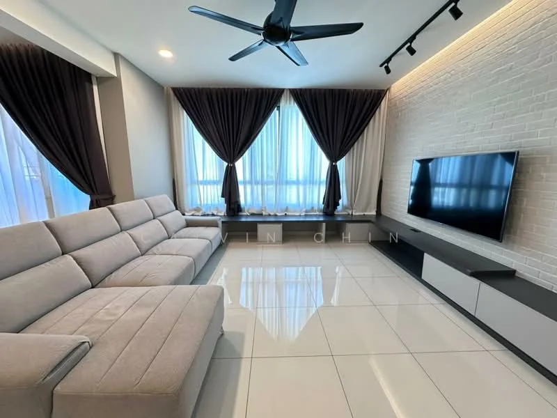Living features: L-shape sectional sofa in light grey, floor-to-ceiling windows, sheer curtains, blackout curtains, white painted walls, exposed brick accent wall, recessed LED downlights, ceiling fan with light, TV console with storage, wall-mounted TV, glossy white tile flooring; style: modern; view: city.