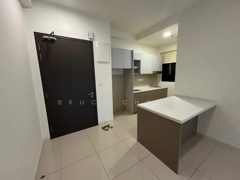 Kitchen features: white cabinetry, brown lower cabinets, white countertop, built-in kitchen appliances, tile flooring, single-bowl stainless-steel sink, chrome faucet, wall-mounted cabinets, recessed lighting, open layout, neutral wall color, door leading to hallway; style: modern.