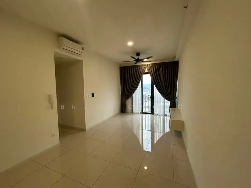Living features: white painted walls, glossy ceramic tile flooring, 5-blade ceiling fan with light, floor-to-ceiling sliding glass door, curtains, wall-mounted air conditioning unit, balcony access, neutral color scheme; style: modern; view: city.