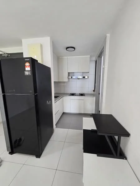 Kitchen features: black refrigerator, white cabinetry, stainless-steel gas hob, stainless-steel range hood, white tiled backsplash, white countertops, black dining table, white floor tiles, recessed ceiling light; style: modern.