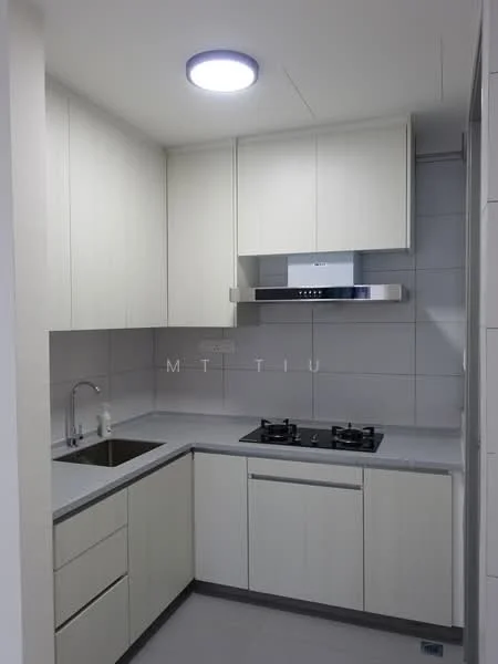 Kitchen features: light grey cabinetry, white countertop, stainless-steel sink, chrome pull-down faucet, built-in oven, stainless-steel range hood, 2-burner gas hob, grey tiled backsplash, recessed ceiling light, wall-mounted cabinets, floor-mounted cabinets, ceramic tile flooring; style: modern.