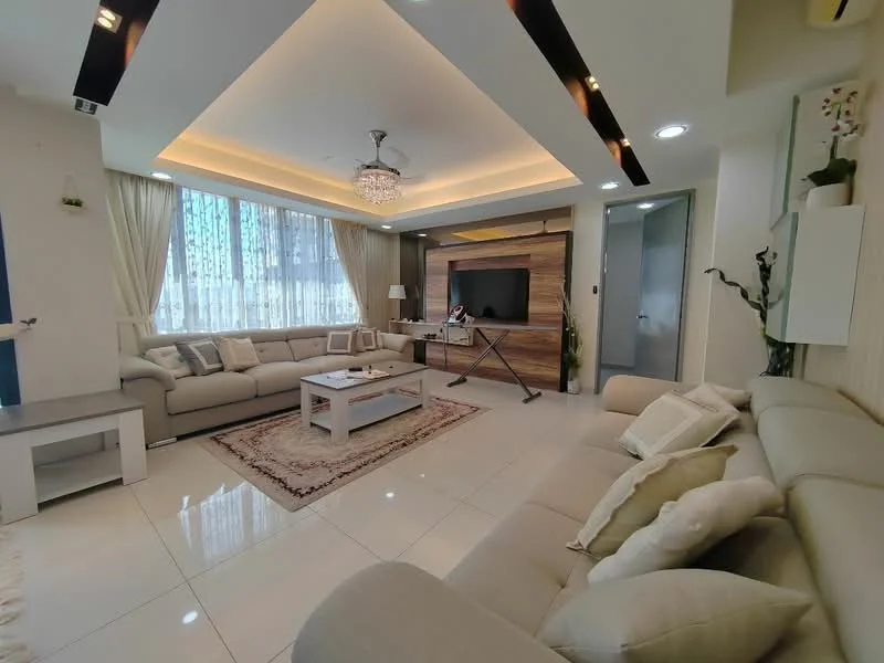 Living features: cream painted walls, white ceiling with recessed lighting, 5-blade ceiling fan with light, large floor-to-ceiling windows with sheer curtains, light grey fabric sectional sofa, beige fabric 3-seater sofa, white coffee table, decorative area rug with geometric pattern, wall-mounted TV, wood feature wall, decorative plant in corner, wall-mounted shelves, LED strip lighting, marble tile flooring; style: modern.