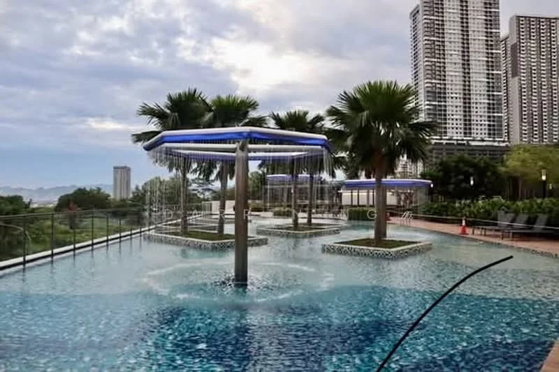Exterior type: swimming pool deck; features: infinity pool, water features with fountains, palm trees, poolside loungers, blue mosaic tile flooring, surrounding greenery, canopy structures for shade, city skyline view, decking area, safety railing; style: modern.