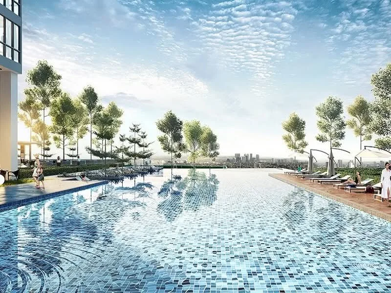 Exterior type: swimming pool deck; features: infinity pool, tiled pool surface, poolside loungers, manicured landscaping, mature trees, city skyline view, sunny weather, cloudy sky, deck area with seating; style: modern.