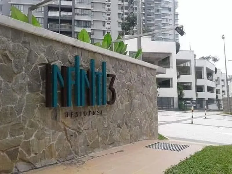 Exterior type: low-rise apartment block; features: stone-clad facade, modern architectural design, landscaped greenery, paved walkway, visible parking area, multiple levels, balconies, signage with name 'Residensi 3'; style: modern.