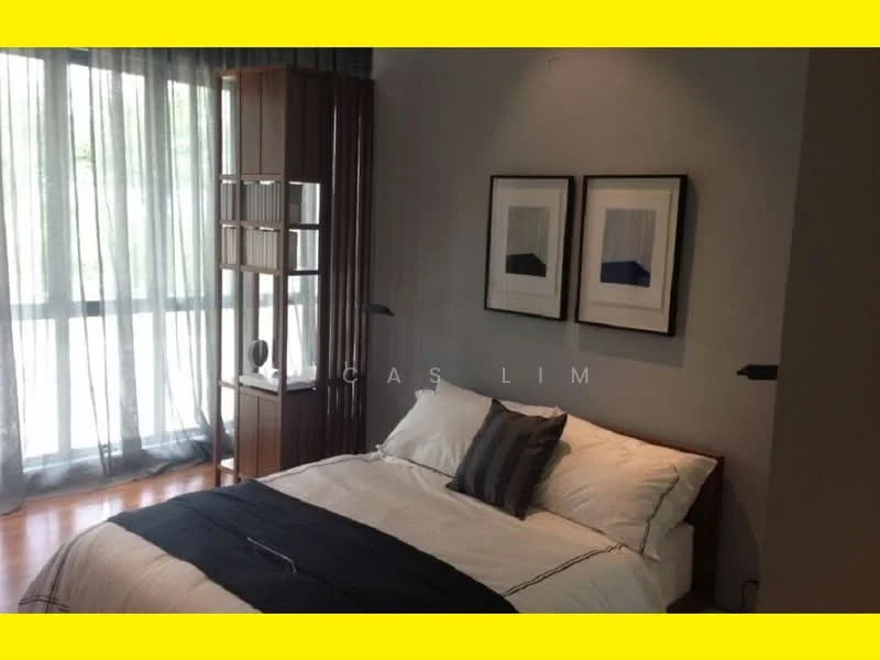 Bedroom features: queen-size bed with white bedding, upholstered headboard, two framed artworks on the wall, wooden bedside table, floor-to-ceiling windows with sheer curtains, wooden flooring, wall-mounted reading lights, decorative throw pillows; style: modern; view: garden.