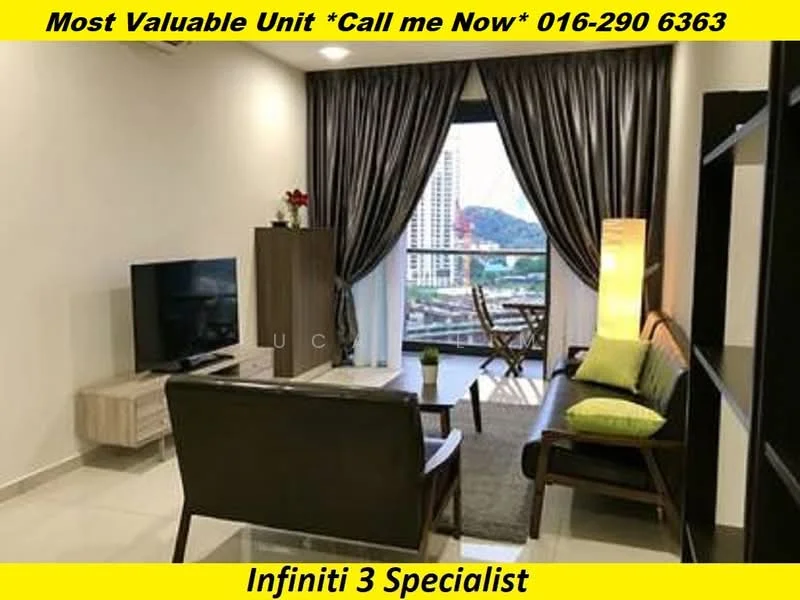 Living features: floor-to-ceiling windows, city view, 3-seater fabric sofa in dark brown, coffee table, TV console, wall-mounted TV, decorative plant, area rug with geometric pattern, side chair with cushion, curtains, light fixture, wall art; style: modern; view: city.