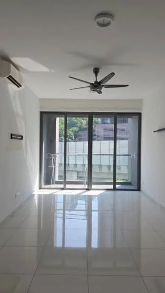 Living features: white painted walls, glossy ceramic tile flooring, 5-blade ceiling fan with light, floor-to-ceiling windows, sliding glass door, balcony view, wall-mounted air conditioning unit, open shelving; style: modern; view: garden.