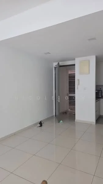Room features: white painted walls, ceramic tile flooring, sliding glass door, kitchen area visible, built-in cabinetry, window with blinds, recessed ceiling lights.