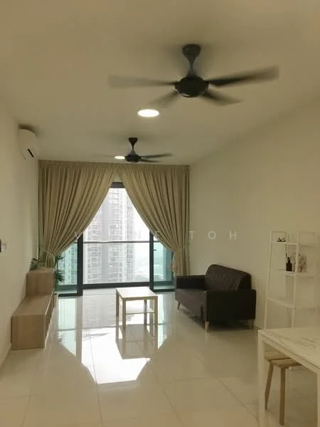 Living features: white painted walls, glossy tile flooring, 5-blade ceiling fan with light, floor-to-ceiling windows, sheer curtains, sliding glass door, brown fabric sofa, wooden console table, white shelving unit, recessed LED downlights; style: modern; view: city.