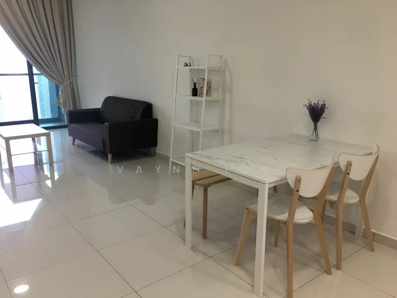 Living features: grey fabric sofa, white dining table, 4 wooden dining chairs, white shelving unit, marble-patterned flooring, floor-to-ceiling windows, sheer curtains, decorative vase with lavender, neutral painted walls, natural light from window; style: modern; view: city.