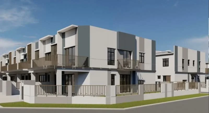 Exterior type: linked terrace house; features: two-storey building, grey and white painted facade, balconies with wooden railings, flat roof, multiple units in a row, fenced front yard, manicured landscaping, driveway, urban context; style: modern.