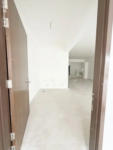 Room features: white painted walls, light grey tile flooring, open layout, door frame, ceiling with visible wiring, no visible furniture or decor; style: modern.