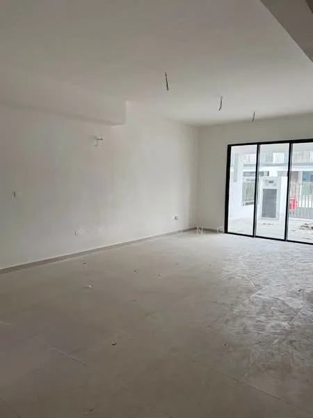Room features: white painted walls, tile flooring, large sliding glass door, natural light from windows, minimalist design, recessed ceiling lights; style: modern; view: garden.