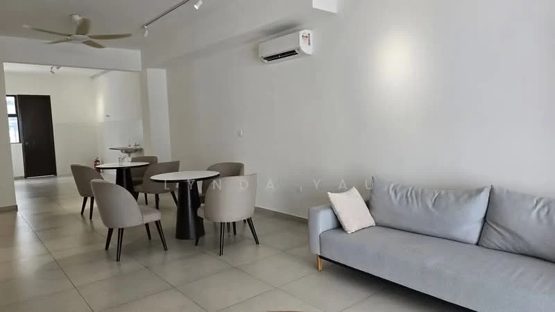 Living features: light grey fabric sofa, round dining table, 4 upholstered dining chairs, wall-mounted split AC, ceiling fan, tile flooring, white painted walls, recessed downlights; style: modern. Kitchen features: open kitchen layout, stainless-steel sink, kitchen cabinetry, countertop, tile backsplash; style: modern.