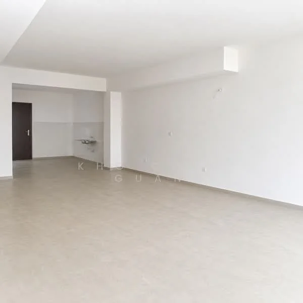 Room features: white painted walls, light beige flooring, open layout, no visible furniture, single wall with no windows, kitchenette area with sink, neutral color scheme, high ceiling; style: minimalist.