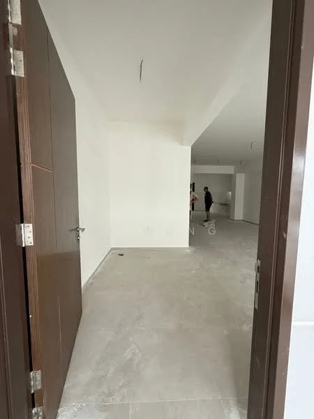 Room features: white painted walls, grey tile flooring, single wooden door, open space layout, ceiling with exposed wiring, no visible furniture, large windows, neutral color scheme; style: modern.