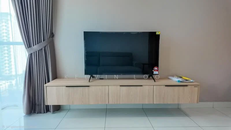 Living features: wall-mounted TV, light wood TV console, grey fabric sofa, floor-to-ceiling windows, sheer curtains, white walls, tile flooring, decorative items on console; style: modern; view: city.