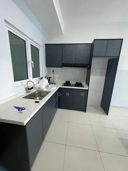 Kitchen features: grey cabinetry, white countertop, single-bowl stainless-steel sink, chrome pull-down faucet, built-in gas hob with 4 burners, exhaust hood, white tiled backsplash, floor-to-ceiling windows, white walls, glossy tile flooring; style: modern.