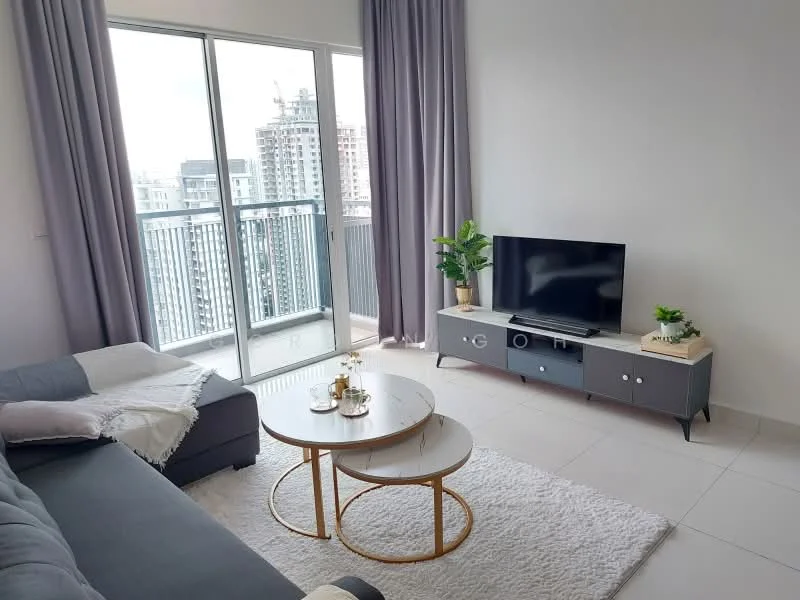 Living features: grey fabric sectional sofa, round coffee table with gold legs, TV console in grey with storage, wall-mounted flat-screen TV, area rug in white, floor-to-ceiling windows, sheer curtains in light grey, potted plant, decorative items on coffee table, light-coloured tiled flooring; style: modern; view: city.