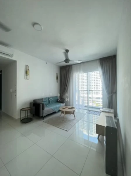 Living features: grey fabric sofa, round coffee table, floor-to-ceiling windows, curtains, white walls, white ceiling, recessed downlights, 5-blade ceiling fan, glossy tile flooring, TV console, decorative wall sconce; style: modern; view: city.
