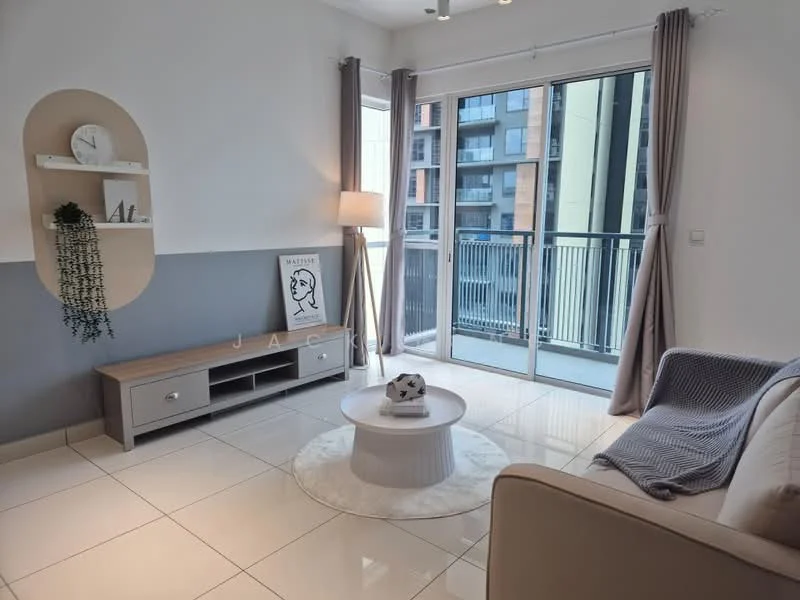 Living features: white painted walls, glossy tile flooring, large floor-to-ceiling windows, sliding glass door, grey curtains, light grey fabric sofa, round coffee table, TV console with storage, decorative wall shelf, framed artwork, table lamp; style: modern; view: city.