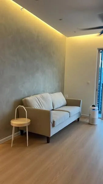 Living features: light beige fabric sofa, wooden side table, white cylindrical trash bin, light wood flooring, textured beige accent wall, recessed LED lighting, ceiling fan, floor-to-ceiling windows; style: modern; view: city.