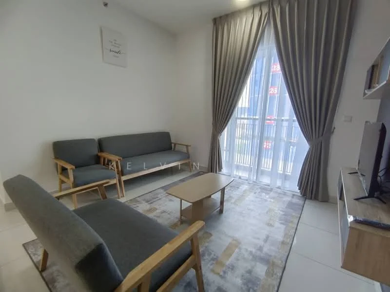 Living features: 2 fabric sofas in grey, wooden coffee table, area rug with geometric pattern, floor-to-ceiling windows, sheer curtains, wall-mounted TV, TV console, light-colored walls, white ceiling, recessed downlights; style: modern.
