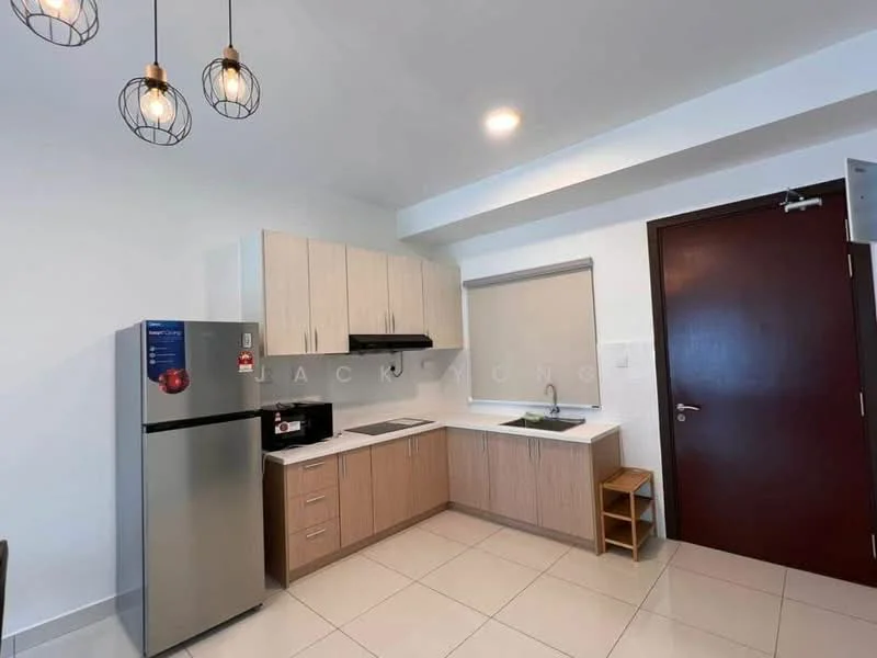 Kitchen features: stainless-steel fridge, built-in oven, ceramic cooktop, single-bowl stainless-steel sink, chrome pull-down faucet, white cabinetry with wood accents, white countertop, tile backsplash, pendant lighting, window with roller blinds, floor tiles, open shelving, kitchen island, microwave; style: modern.