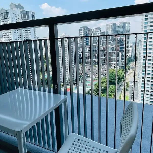 Balcony features: glass railing, outdoor table, two outdoor chairs, city skyline view, concrete flooring, metal slatted privacy screen; style: modern; view: city.