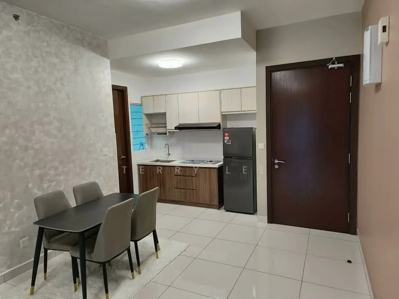 Kitchen features: white painted walls, light grey cabinetry, stainless-steel sink, chrome pull-down faucet, ceramic tile flooring, built-in oven, stainless-steel fridge, 4-burner gas hob, exhaust hood, dining table with 4 upholstered chairs, recessed ceiling lights; style: modern. Living features: ceramic tile flooring, dining table with 4 upholstered chairs, recessed ceiling lights; style: modern.