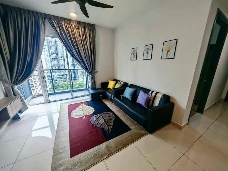 Living features: 3-seater fabric sofa in black, decorative cushions in various colors, area rug with leaf pattern, floor-to-ceiling windows, curtains in grey, ceiling fan, wall-mounted artwork, glossy tile flooring; style: modern; view: city.