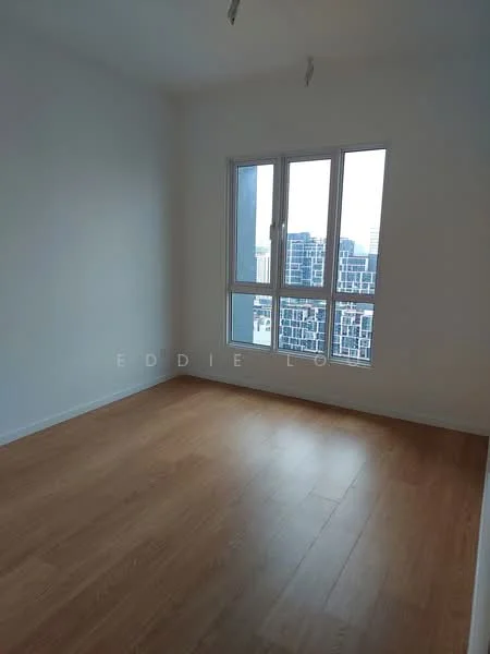 Room features: light wood laminate flooring, white painted walls, floor-to-ceiling windows, city skyline view, no visible furniture or decor, ceiling light fixtures; style: modern; view: city.