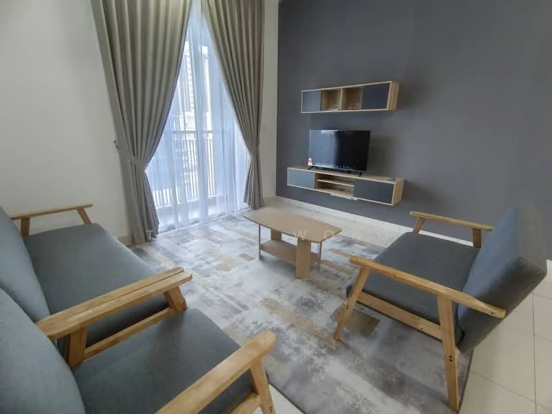 Living features: two 3-seater fabric sofas in grey, wooden coffee table, wall-mounted TV, floating TV console with grey cabinetry, floor-to-ceiling windows with sheer curtains, light grey area rug, grey accent wall, white painted walls, tile flooring; style: modern; view: city.