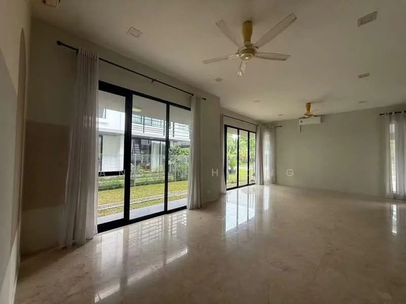 Living features: marble tile flooring, white painted walls, 5-blade ceiling fan with light, floor-to-ceiling windows, sliding glass door, sheer curtains, natural light, open layout; style: modern; view: garden.