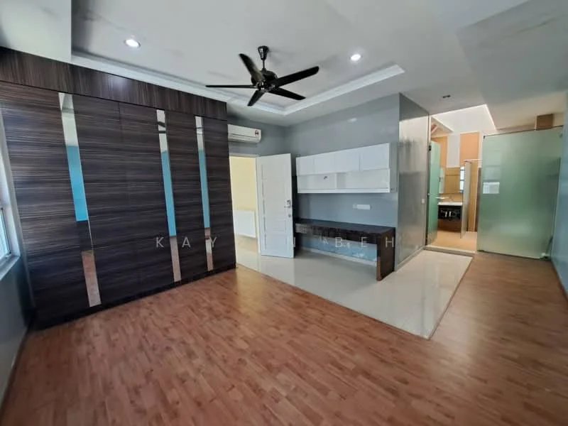 Room features: wooden flooring, grey painted walls, 5-blade ceiling fan, built-in cabinetry with white and wood finish, wall-mounted TV console, large windows for natural light, air conditioning unit, open layout leading to another room; style: modern.