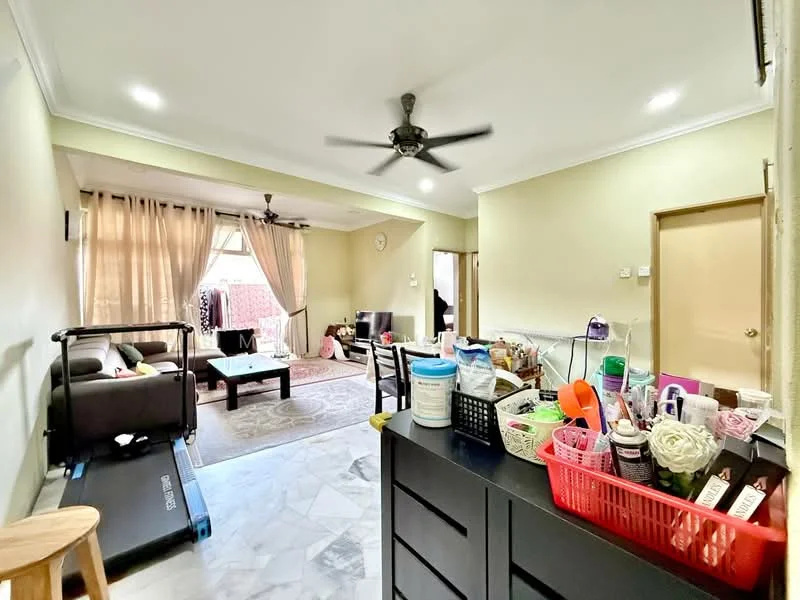 Living features: marble flooring, cream painted walls, 5-blade ceiling fan with light, sofa in grey, coffee table, TV console, wall-mounted TV, area rug, curtains, decorative plants, exercise treadmill, decorative wall clock; style: modern.