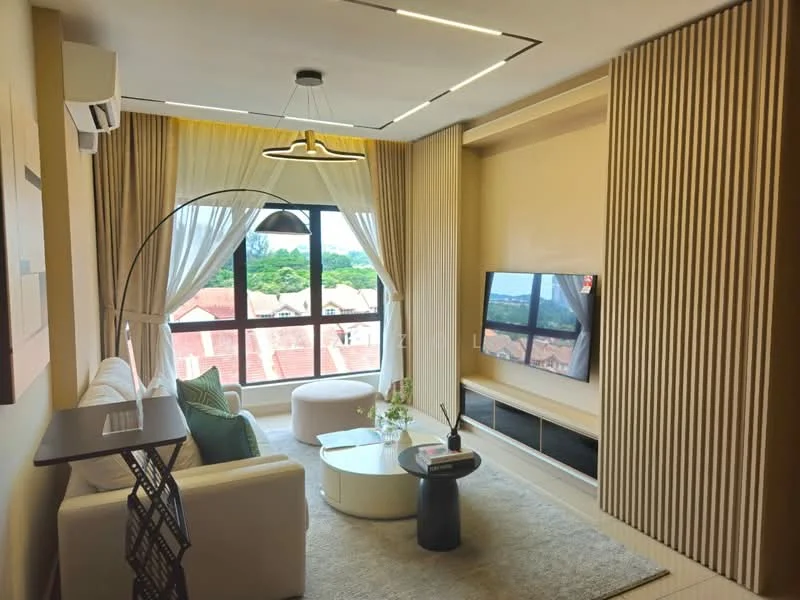 Living features: white fabric sofa, round coffee table, TV console with wall-mounted TV, area rug, floor-to-ceiling windows, curtains, ceiling light fixture, arc floor lamp, decorative plants, wood paneling on walls, recessed lighting; style: modern; view: garden.