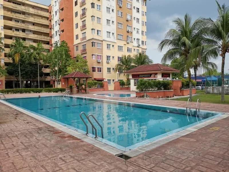 Exterior type: mid-rise condominium; features: swimming pool, pool deck with loungers, landscaped garden, palm trees, manicured lawn, covered pavilion, brick paving around pool, multiple pool areas; style: modern.