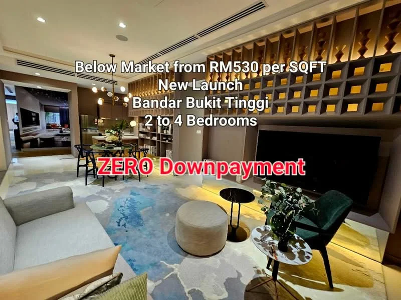 Living features: sofa in light grey fabric, coffee table with glass top, TV console with wall-mounted TV, decorative wall panel with backlighting, area rug with abstract pattern, pendant lighting fixtures, floor-to-ceiling windows, wooden flooring, decorative plants, dining table with chairs in background; style: modern.