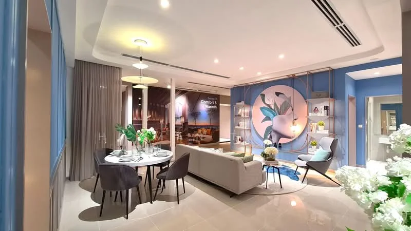Living features: sofa in light grey fabric, round coffee table, wall-mounted TV, decorative shelving unit, framed artwork on wall, pendant light fixture, recessed downlights, floor-to-ceiling windows with sheer curtains, area rug with geometric pattern, dining table for four with upholstered chairs, decorative plants in ceramic pots, accent wall with floral design; style: modern.