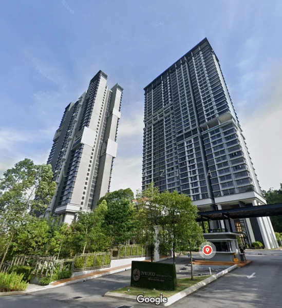 Exterior type: high-rise condominium; features: glass curtain wall, white painted facade, recessed balconies, landscaped garden, manicured lawn, surrounded by mature greenery, two high-rise towers, driveway with interlocking pavers, main entrance gate, covered parking, security guard house at entrance; style: modern.