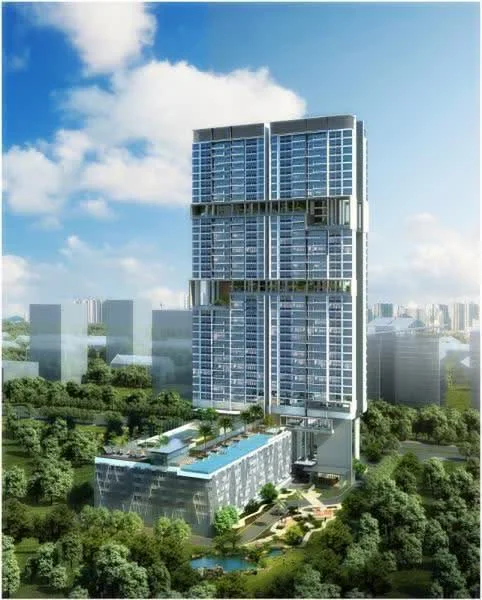 Exterior type: high-rise condominium; features: glass curtain wall, recessed balconies, infinity pool, landscaped garden, outdoor seating area, surrounded by greenery, modern architectural design, multiple storeys, skyline view in background; style: modern.