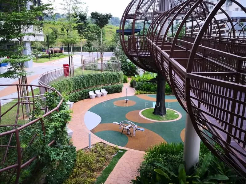 Exterior type: landscape garden; features: playground structure with climbing elements, curved pathway with rubberized surface, manicured lawn, garden beds with shrubs, seating area with white benches, decorative tree, surrounding greenery, paved walkway, landscaped garden, open space for recreation; style: modern.