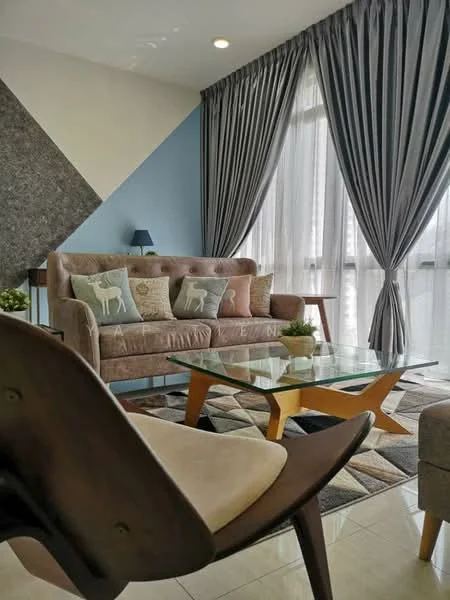 Living features: 3-seater fabric sofa in light pink, glass coffee table with wooden legs, decorative cushions with animal patterns, floor-to-ceiling windows with sheer curtains, grey curtains, geometric area rug, accent wall with grey and blue paint, table lamp on side table; style: modern; view: city.