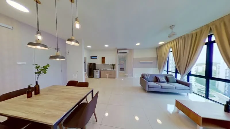 Living features: large floor-to-ceiling windows, beige curtains, 3-seater grey fabric sofa, wooden coffee table, dining table with 4 chairs, pendant lighting fixtures, white walls, polished tile flooring, ceiling fan, wall-mounted air conditioning unit; style: modern; view: city. Kitchen features: open kitchen layout, white cabinetry, stainless-steel appliances, kitchen island, black countertop, built-in oven, microwave, refrigerator; style: modern.
