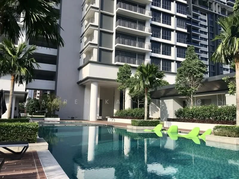 Exterior type: high-rise condominium; features: infinity pool, pool deck with loungers, manicured landscaping, palm trees, modern architectural design, glass balcony railings, water feature, green lounge chairs; style: modern.
